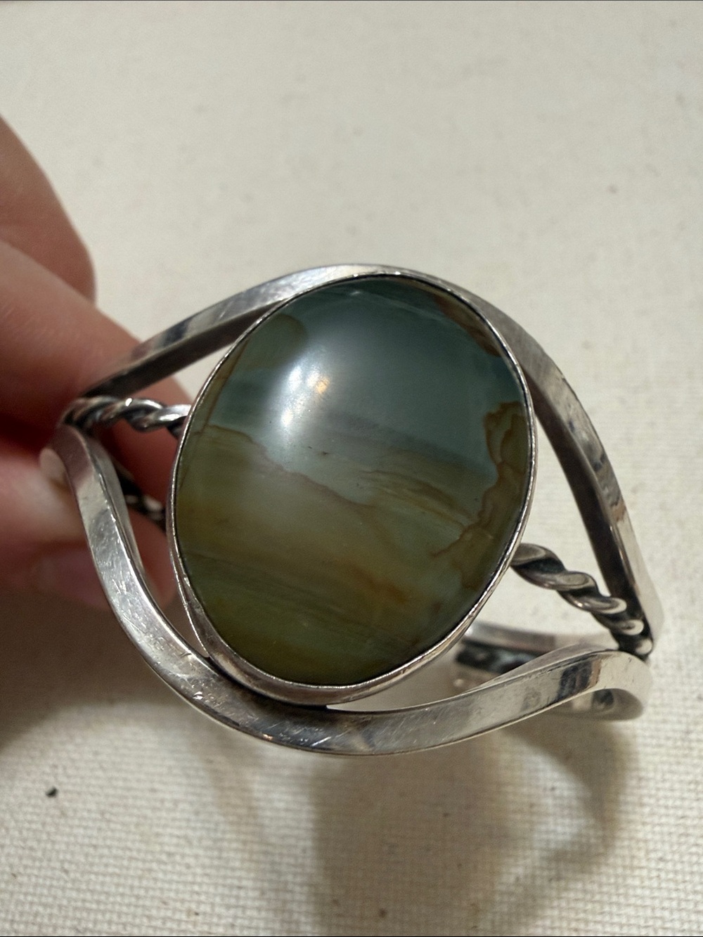 Sterling Silver Not Marked Green Agate Cuff Bracelet
